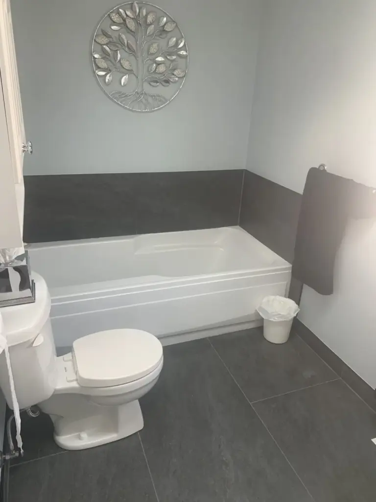 Soaker tub and toilet with dark tile surround, bathroom renovation in Surrey