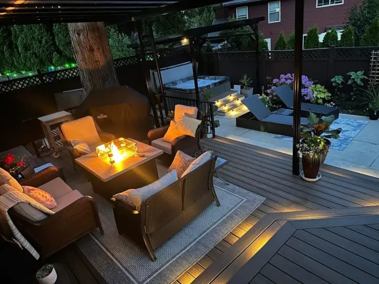 Covered deck lounge with fire table and lit deck edge